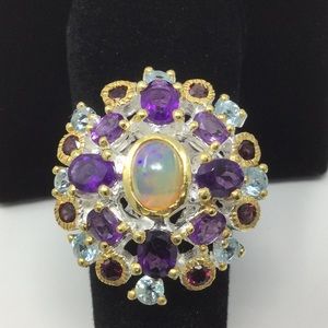 Genuine Fiery Opal, Amethyst, Garnet & Topaz Ring